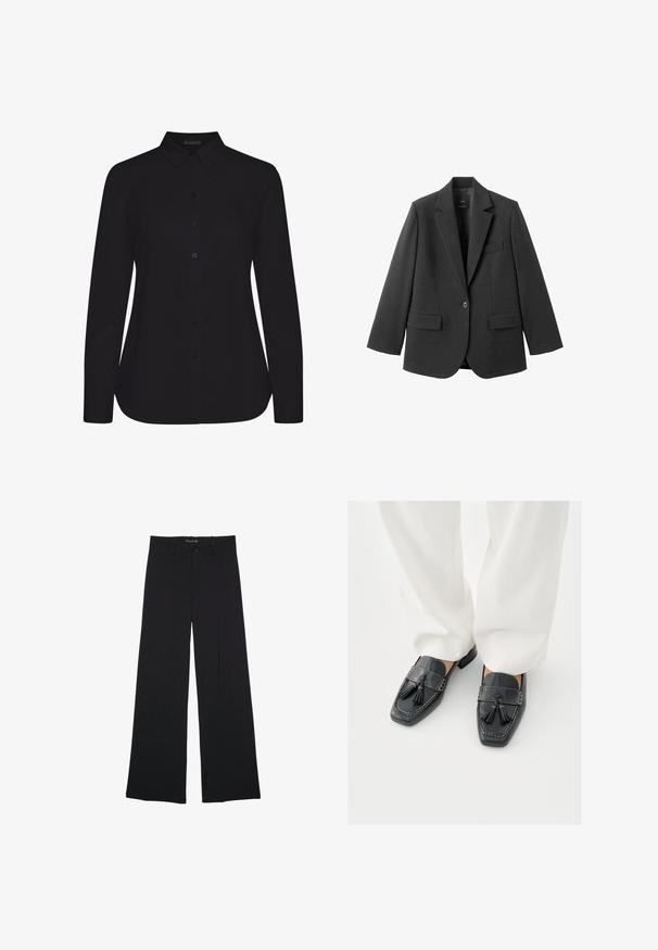 Schwarzer Blazer aus glattem Stoff mit Reverskragen, Ein-Knopf-Verschluss und zwei Vorderentaschen. Einfaches, maßgeschneidertes Design.; Schwarzes Langarmshirt aus glattem Stoff, mit kragen und Frontknopfleiste, und gerader Saum.; Schwarze Hosen mit weitem Bein, Gürtelschlaufen, vorderer Knopfleiste und Reißverschluss, flach auf einem weißen Hintergrund liegend.; Schwarze Leder-Loafers mit Quasten, ausgestattet mit eckigen Zehen und dekorativen Nähten, kombiniert mit weißen, weit geschnittenen Hosen.