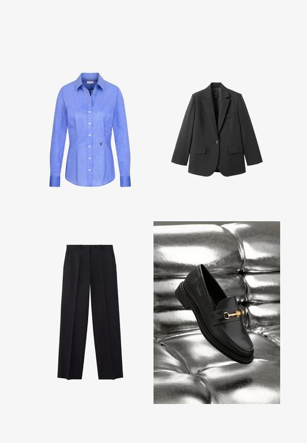 Schwarzer Blazer aus glattem Stoff mit Reverskragen, Ein-Knopf-Verschluss und zwei Vorderentaschen. Einfaches, maßgeschneidertes Design.; Hellblaues, langärmliges Hemd mit Knöpfen, spitzem Kragen und einer kleinen schwarzen, bestickten Rose unten rechts vorne.; Schwarze, maßgeschneiderte, gerade geschnittene Hosen mit Gürtelschlaufen und Seitentaschen, konzipiert für formelle oder Bürokleidung.; Schwarze Leder-Loafer mit goldfarbener Hardware. Der Schuh zeichnet sich durch ein elegantes Design und eine glatte, glänzende Oberfläche aus.