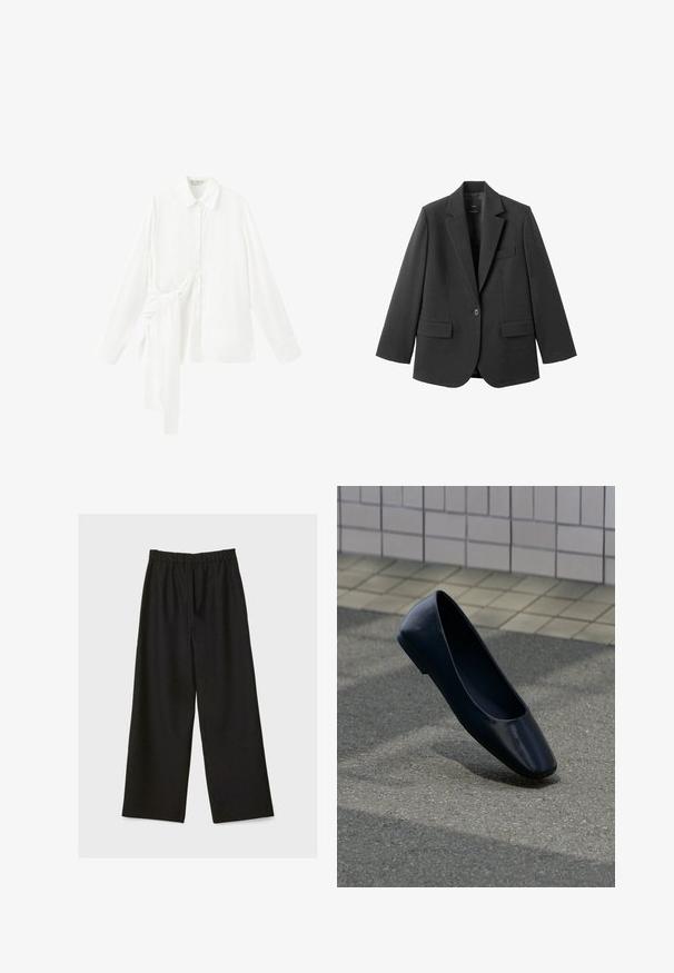 Blazer noir en tissu lisse, doté d'un revers cranté, d'une fermeture à un bouton et de deux poches avant. Design simple et ajusté.; Chemise blanche à manches longues avec col pointu et détail de nouage asymétrique en tissu sur le côté gauche.; Pantalons larges noirs avec taille élastique, présentés à plat sur un fond clair.; Chaussure plate en cuir noir debout sur une surface asphaltée près du bord d'un trottoir carrelé.
