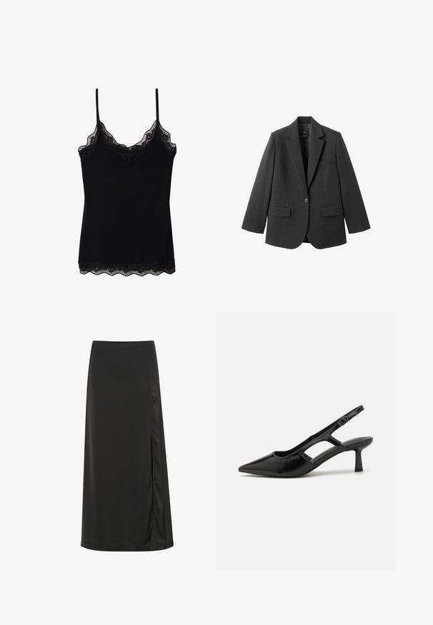 Schwarzer Blazer aus glattem Stoff mit Reverskragen, Ein-Knopf-Verschluss und zwei Vorderentaschen. Einfaches, maßgeschneidertes Design.; Schwarzes Spaghetti-Top mit verstellbaren Trägern, einem gewellten Spitzenbesatz entlang des Ausschnitts und Saums sowie einer figurschmeichelnden Passform. Hergestellt aus weichem Stoff.; Schwarzer Midirock aus glattem Stoff, der einen Seitenschlitz und eine gerade Silhouette mit einem subtilen Glanz aufweist. Maßgeschneiderter Saum.; Schwarze Slingback-Absätze mit spitzer Zehenpartie, aus glänzendem Material gefertigt, mit ausgeschnittenen Akzenten und einem moderaten Absatz für Unterstützung.