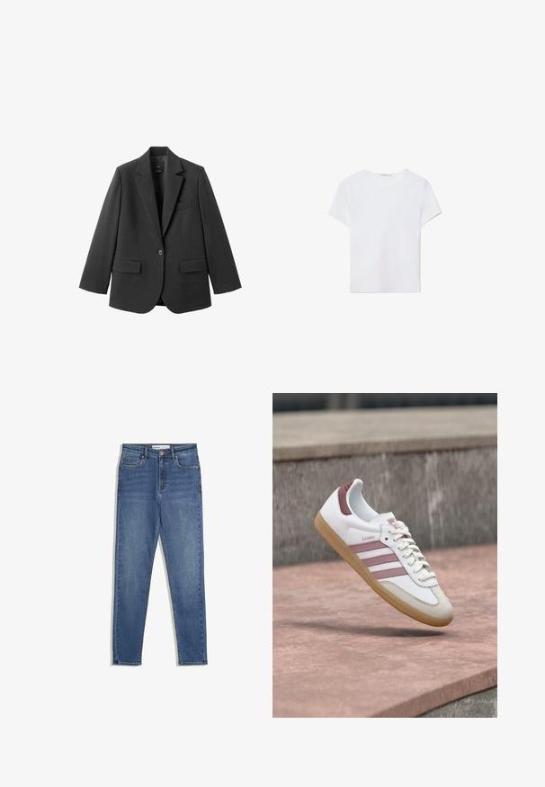 Sort blazer lavet af glat stof med en hakket revers, enkelt knaplukning og to forlommer. Enkel, skræddersyet design.; Hvid kortærmet t-shirt lavet af blødt stof. Har en rund halsudskæring og et simpelt, rent design med en lige underkant.; Blå denim jeans med høj talje, slim fit, forlommer, lynlås og kontrasterende syninger. Struktureret design med en glat overflade.; Hvid og pink Adidas Samba sneaker med gummisål, der svæver over en stenoverflade med en sløret stenvæg i baggrunden.