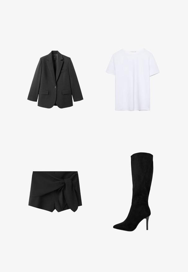 Sort blazer lavet af glat stof med en hakket revers, enkelt knaplukning og to forlommer. Enkel, skræddersyet design.; Simpel hvid kortærmet t-shirt med rund hals og lige kant, præsenteret på en hvid baggrund.; Sorte shorts med høj talje, lagdelt stofdetalje og stor bundet sløjfe på frontens højre side.; Sort ruskind knæhøj støvle med spids tå og stilettohæl. Glat tekstur, strømlinet design, ingen synlige metaldele eller accenter.