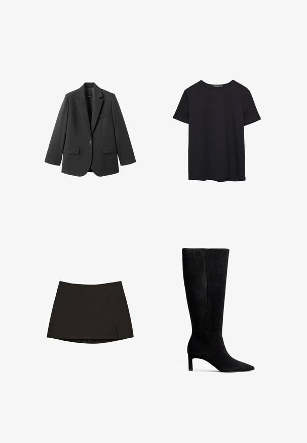 Sort blazer lavet af glat stof med en hakket revers, enkelt knaplukning og to forlommer. Enkel, skræddersyet design.; Simpel sort kortærmet bomulds T-shirt med rund hals, præsenteret på en hvid baggrund.; Sort mininine lavet af glat stof, med et lige design, sideslids og en ren kant. Enkel og alsidig.; Sorte suede knæhøj støvle med spids tå og en slank stiletto-hæl. Glat tekstur med et rent design uden synlige hardware eller accenter.