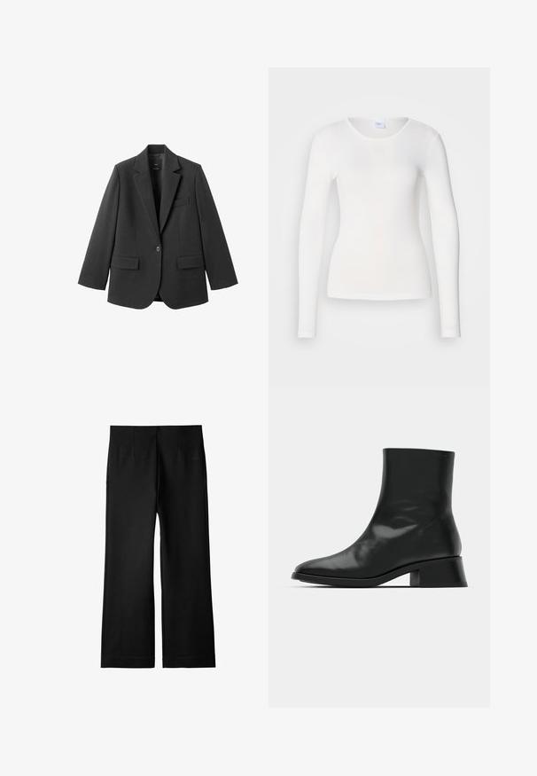 Sort blazer lavet af glat stof med en hakket revers, enkelt knaplukning og to forlommer. Enkel, skræddersyet design.; Hvid langærmet skjorte lavet af et blødt, glat stof; har en rund halsudskæring og en tætsiddende facon uden mønstre eller pynt.; Sorte bukser med bred ben, lavet af glat, letvægts stof; har frontfolder og en lige silhuet. Afsluttet med en ren kant.; Sort ankelstøvle lavet af blank læder, med et strømlinet design, spids tå og en moderat blokhælhøjde for stabilitet.