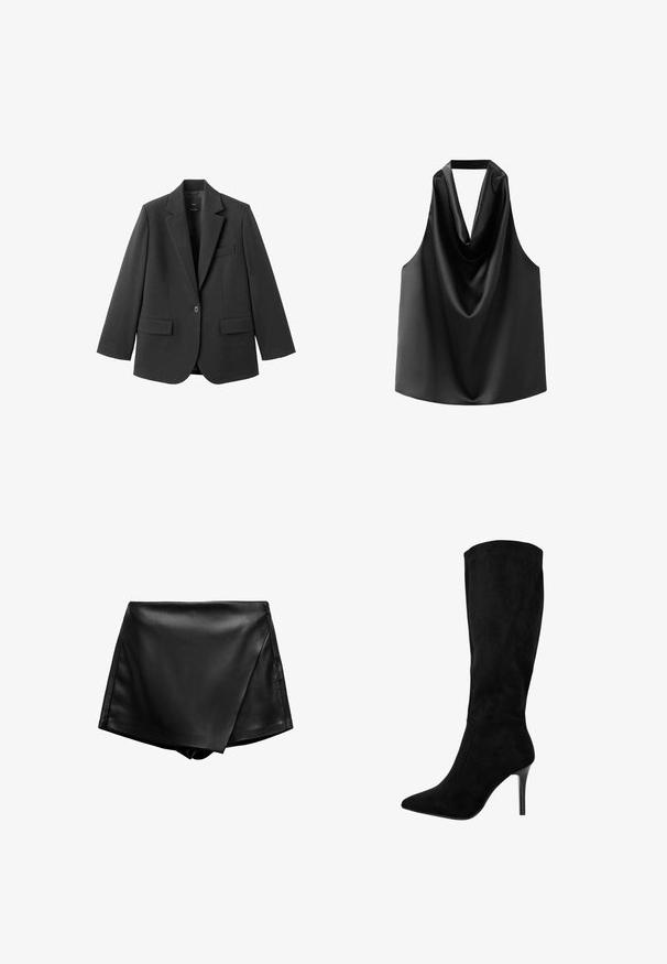 Sort blazer lavet af glat stof med en hakket revers, enkelt knaplukning og to forlommer. Enkel, skræddersyet design.; Sort ærmeløs top lavet af glat satin, med en draperet halsudskæring og en løs pasform med en afrundet kant. Ingen synlige detaljer eller mønstre.; Sorte faux læder shorts med høj talje, der har et indviklet design og en glat tekstur. Har rene linjer og ingen synlige lukninger.; Sort ruskind knæhøj støvle med spids tå og stilettohæl. Glat tekstur, strømlinet design, ingen synlige metaldele eller accenter.