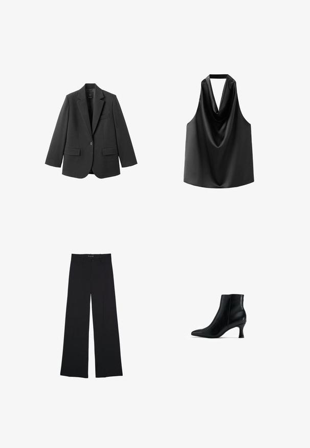 Sort blazer lavet af glat stof med en hakket revers, enkelt knaplukning og to forlommer. Enkel, skræddersyet design.; Sort ærmeløs top lavet af glat satin, med en draperet halsudskæring og en løs pasform med en afrundet kant. Ingen synlige detaljer eller mønstre.; Sorte bukser med vide ben med knap- og lynlåslukning, bæltestropper og en glat, skræddersyet finish.; Sort læderankelstøvle med spids tå, slankt design og en afsmalnet, buet hæl. Glat overflade med minimal accentdetaljering.