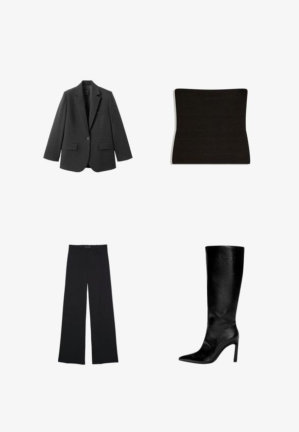 Sort blazer lavet af glat stof med en hakket revers, enkelt knaplukning og to forlommer. Enkel, skræddersyet design.; Sort elastisk bandeau-top i stof med vandret ribbet tekstur og en let buet silhuet.; Sorte bukser med vide ben med knap- og lynlåslukning, bæltestropper og en glat, skræddersyet finish.; Knæhøj sort læderstøvle med spids tå, høj stiletthæl, glat finish og et enkelt, strømlinet design uden pynt.