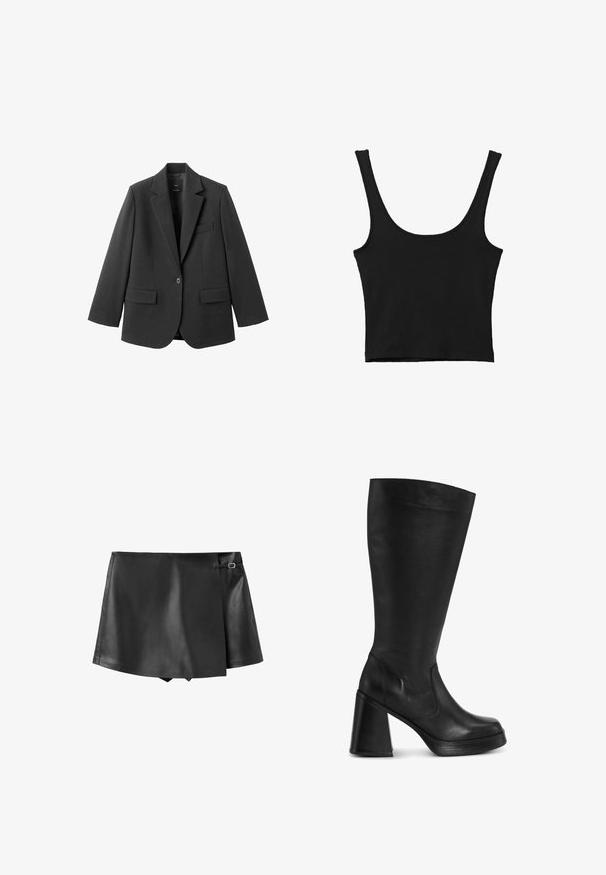 Blazer noir en tissu lisse, doté d'un revers cranté, d'une fermeture à un bouton et de deux poches avant. Design simple et ajusté.; Débardeur noir court avec de larges bretelles, fabriqué à partir d'un matériau doux, présentant une texture lisse et un design minimaliste.; Mini-jupe noire en simili cuir avec un rabat avant chevauchant et un petit détail boucle sur le côté.; Bottes noires jusqu'au genou en cuir lisse, avec un talon épais et un bout rond. Le design est épuré avec un minimum de matériel.