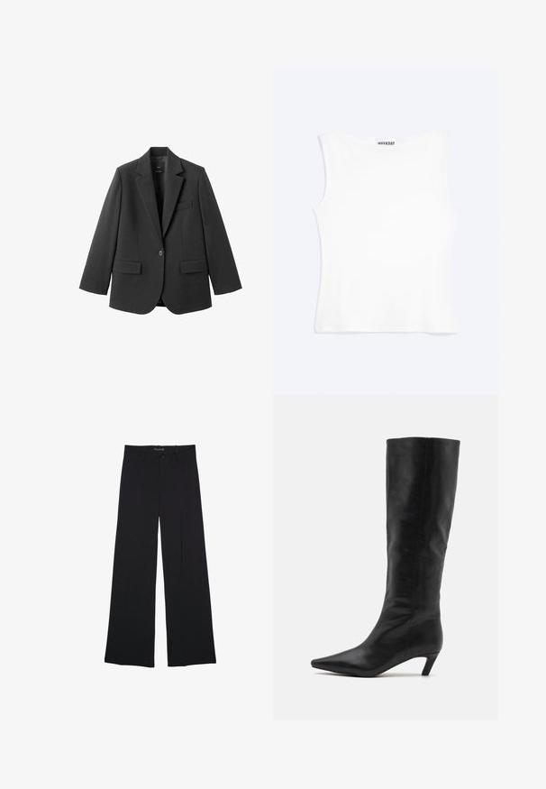 Sort blazer lavet af glat stof med en hakket revers, enkelt knaplukning og to forlommer. Enkel, skræddersyet design.; Hvid tætsiddende ærmeløs tanktop med rund halsudskæring og minimalistisk design, mærket "WEEKDAY" indeni kraven.; Sorte bukser med vide ben, bæltestropper, knaplukning foran og lynlås, lagt fladt på en hvid baggrund.; RAID FLAURA - Høje støvler/ Støvler - black