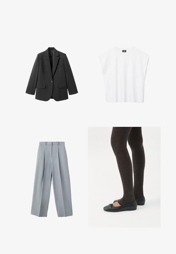 Blazer noir en tissu lisse, doté d'un revers cranté, d'une fermeture à un bouton et de deux poches avant. Design simple et ajusté.; Haut court blanc sans manches à encolure ronde avec épaules larges et étiquette noire "B6" à l'intérieur du col.; Pantalon large gris clair avec plis sur le devant, passants pour ceinture et fermeture avant dissimulée.; Jambes portant des leggings côtelés foncés associés à des ballerines noires avec de petits détails en nœud sur fond blanc.
