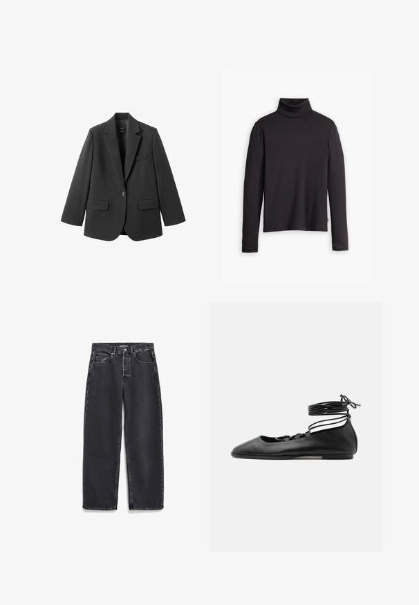 Zwart colbert van gladde stof, met een inkeping op de revers, enkele knoopsluiting en twee voorzakken. Eenvoudig, op maat gemaakt ontwerp.; Zwarte geribde turtleneck trui met lange mouwen en een fitted ontwerp. Zachte textuur, subtiele stretch en een label aan de onderzijde.; Zwarte denim jeans met een rechte pasvorm, voorzien van voorzakken, een knopenfly en subtiele vervaging op de stof.; Zwarte leren platte ballerinaschoen met een puntige neus, meerdere dunne bandjes over de bovenkant en veterstrikjes die rond de enkel zijn gewikkeld.