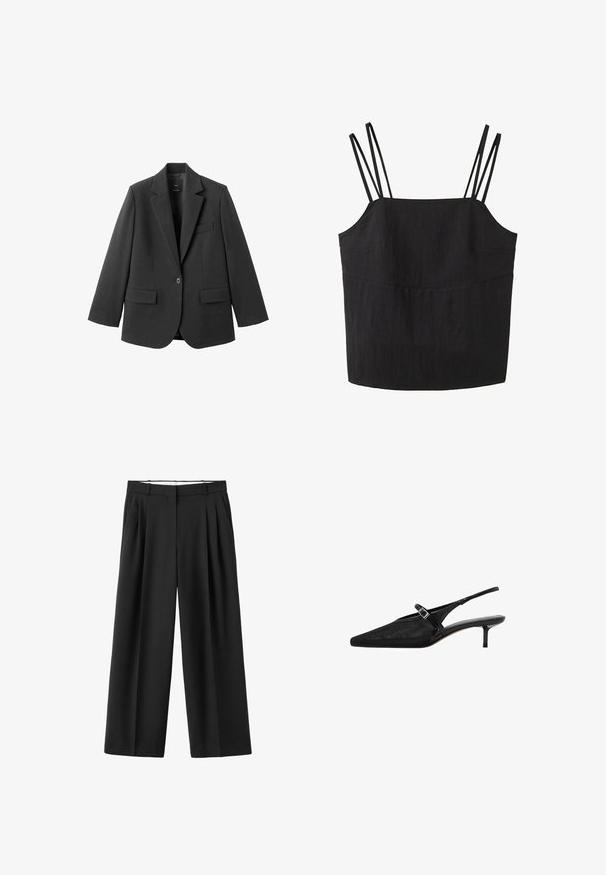 Schwarzer Blazer aus glattem Stoff mit Reverskragen, Ein-Knopf-Verschluss und zwei Vorderentaschen. Einfaches, maßgeschneidertes Design.; Schwarzes ärmelloses Top mit doppelten dünnen Trägern auf jeder Schulter und einem geraden Ausschnitt.; Schwarze weitgeschnittene Hose mit vorderen Falten, Gürtelschlaufen und einem verdeckten vorderen Verschluss.; Schwarze Slingback-Absätze mit spitzen Zehen, strukturiertem Mesh-Obermaterial, schmalem verstellbarem Riemen mit silberner Schnalle und 5 cm Stiletto-Absätzen.