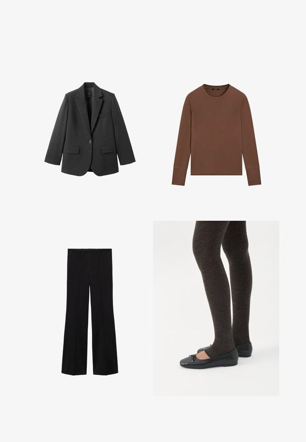 Sort blazer lavet af glat stof med en hakket revers, enkelt knaplukning og to forlommer. Enkel, skræddersyet design.; Brun langærmet bluse med rund halsudskæring og ribkantede manchetter, vist fladt på en hvid baggrund.; Sorte højtaljede bukser med brede ben og for- søm detaljer, lavet af et glat stof.; Ben iført mørke ribbede leggings kombineret med sorte balletsko med små sløjfedetaljer på hvid baggrund.