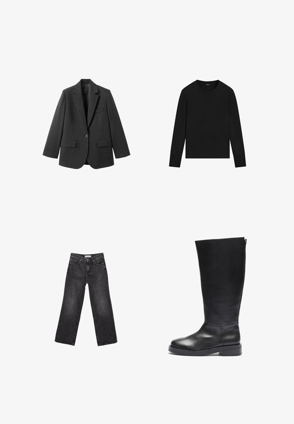 Sort blazer lavet af glat stof med en hakket revers, enkelt knaplukning og to forlommer. Enkel, skræddersyet design.; Sort langærmet crewneck-shirt med tætsiddende manchetter og enkelt, ubemærket design på hvid baggrund.; Sorte denimjeans med brede ben, for- og baglommer, knaplukning og bæltestropper, lagt fladt på en hvid baggrund.; Sort læder knæhøj støvle med rund tå, glat finish, blokhælt og lynlås lukning bagpå for nem påklædning.