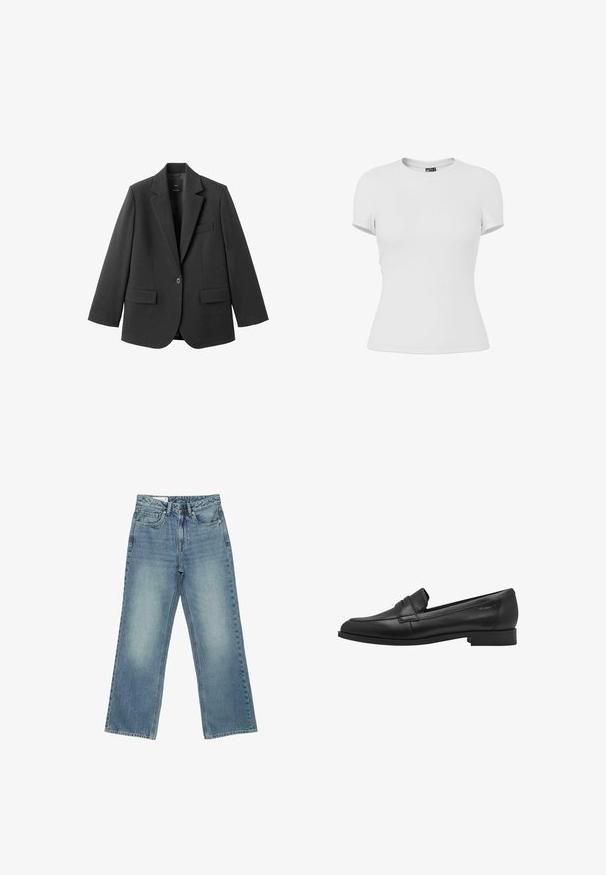 Sort blazer lavet af glat stof med en hakket revers, enkelt knaplukning og to forlommer. Enkel, skræddersyet design.; Plain hvid tætsiddende T-shirt med korte ærmer og rund hals, vist på en hvid baggrund.; Blå jeans med høj talje og lige ben, med fem lommer, knaplukning og en diskret falmet vask på forsiden af lårene.; Sort læder loafersko med en glat tekstur, rund tå og en lille hævet stroppedesign. Har en lav, solid hæl.