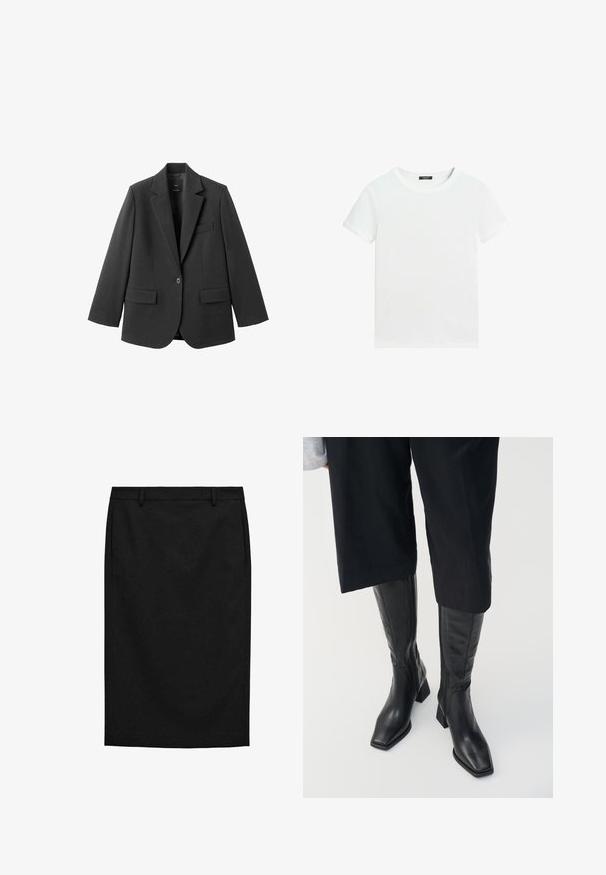 Schwarzer Blazer aus glattem Stoff mit Reverskragen, Ein-Knopf-Verschluss und zwei Vorderentaschen. Einfaches, maßgeschneidertes Design.; Schlichtes weißes T-Shirt mit kurzen Ärmeln, rundem Halsausschnitt und einem kleinen schwarzen Etikett innen am Kragen.; Schwarzer knielanger Bleistiftrock mit Gürtelschlaufen und seitlichen Taschen, maßgeschneiderte Passform und gerader Saum.; Schwarze Lederstiefel bis zum Knie mit quadratem Zehen und Blockabsatz. Mit einem seitlichen Reißverschluss und glatter Textur.