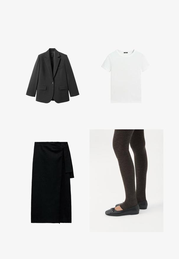 Sort blazer lavet af glat stof med en hakket revers, enkelt knaplukning og to forlommer. Enkel, skræddersyet design.; Almindelig hvid T-shirt med korte ærmer, rund halsudskæring og lille sort label inden i kraven.; Sort omslagsnederdel lavet af tekstureret stof med knyttet talje, lige silhuet og en let frynset kant. Ingen synlige mønstre eller accenter.; Ben iført mørke ribbede leggings kombineret med sorte balletsko med små sløjfedetaljer på hvid baggrund.