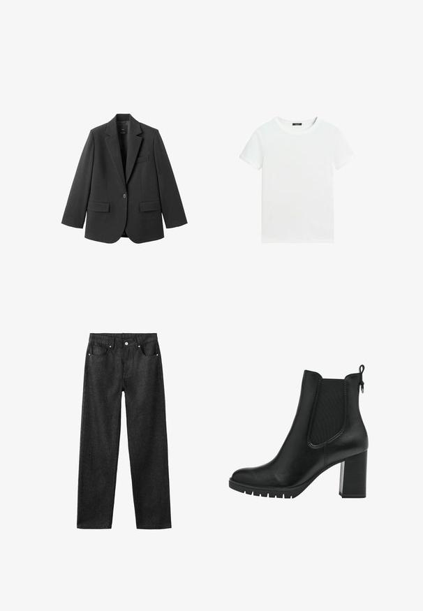 Schwarzer Blazer aus glattem Stoff mit Reverskragen, Ein-Knopf-Verschluss und zwei Vorderentaschen. Einfaches, maßgeschneidertes Design.; Schlichtes weißes T-Shirt mit kurzen Ärmeln, rundem Halsausschnitt und einem kleinen schwarzen Etikett innen am Kragen.; Schwarze Jeans mit geradem Bein, fünf Taschen, silberner Hardware und glatter Textur.; Tamaris CHELSEA - Plateaustiefelette - black