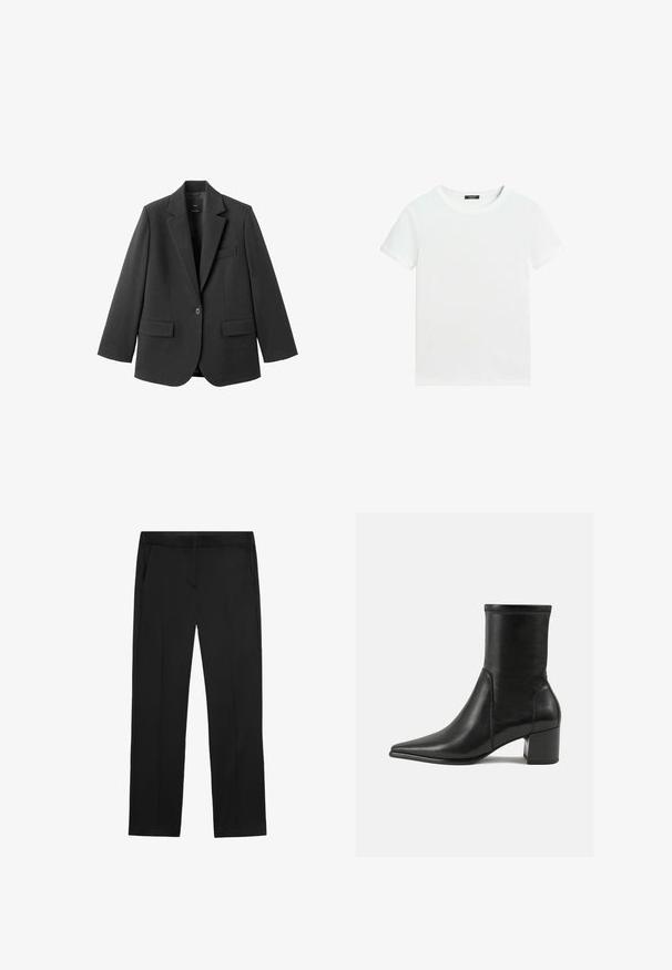 Schwarzer Blazer aus glattem Stoff mit Reverskragen, Ein-Knopf-Verschluss und zwei Vorderentaschen. Einfaches, maßgeschneidertes Design.; Schlichtes weißes T-Shirt mit kurzen Ärmeln, rundem Halsausschnitt und einem kleinen schwarzen Etikett innen am Kragen.; Schwarze gerade geschnittene Hose mit Seitentaschen und einem glatten Bund, flach auf weißem Hintergrund dargestellt.; Schwarze Knöchelstiefel aus glattem Leder, mit spitzem Zehenbereich, einem Blockabsatz und markanten, raised stitching am oberen Rand.
