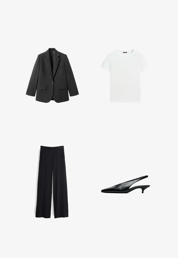 Schwarzer Blazer aus glattem Stoff mit Reverskragen, Ein-Knopf-Verschluss und zwei Vorderentaschen. Einfaches, maßgeschneidertes Design.; Schlichtes weißes T-Shirt mit kurzen Ärmeln, rundem Halsausschnitt und einem kleinen schwarzen Etikett innen am Kragen.; Schwarze, weit geschnittene Hose mit glatter Textur und elastischem Bund. Ausgestattet mit Seitentaschen und lockerem Sitz für zusätzlichen Komfort.; Schwarzer Lederslingback-Kittenheel-Schuh mit spitzer Spitze und niedrigem, gebogenem Absatz auf weißem Hintergrund.