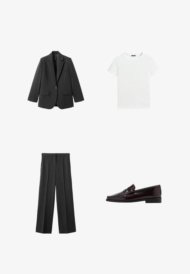 Sort blazer lavet af glat stof med en hakket revers, enkelt knaplukning og to forlommer. Enkel, skræddersyet design.; Almindelig hvid T-shirt med korte ærmer, rund halsudskæring og lille sort label inden i kraven.; Mørkegrå vide bukser lavet af et tekstureret stof, med en flad talje, to forlommer og plisserede detaljer.; Brun læder loafersko med en mokkasinstil foran, hævet syning langs vampskæringen og en lav sort gummisål. Glat, poleret finish.