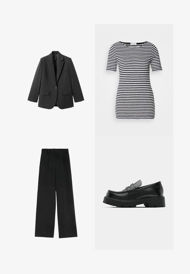 Sort blazer lavet af glat stof med en hakket revers, enkelt knaplukning og to forlommer. Enkel, skræddersyet design.; Sort og hvid stribet kortærmet top med bådhalsudskæring, tætsiddende silhuet og blød, glat stofstruktur.; Sorte brede bukser med høj talje, der har to frontfald, bæltestropper og en glat tekstur. Ingen lommer eller synligt metal.; Sorte læder loafers med en chunky tekstureret sål, der har en rem over vamps og en glat, poleret finish.