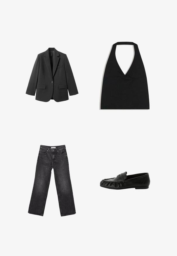 Blazer noir en tissu lisse, doté d'un revers cranté, d'une fermeture à un bouton et de deux poches avant. Design simple et ajusté.; Haut court noir à col licou avec un profond décolleté en V et une large bretelle autour du cou sur fond blanc.; Jean noir à jambes larges, poches avant et fermeture par bouton, étiquette de taille 38 visible à la ceinture.; Mocassin penny en cuir noir avec bout arrondi, talon bas et détail de couture froncée le long du bord avant.