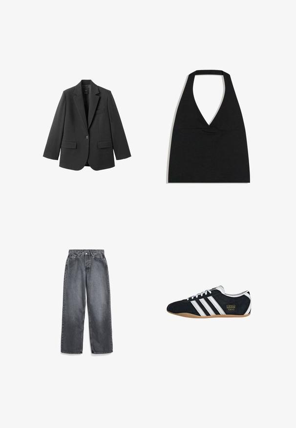 Zwart colbert van gladde stof, met een inkeping op de revers, enkele knoopsluiting en twee voorzakken. Eenvoudig, op maat gemaakt ontwerp.; Zwarte haltercrop top met diepe V-halslijn en brede nekband tegen een witte achtergrond.; Donkergrijze rechte jeans met voorzakken, riemlussen, knoop en ritssluiting.; Zwarte suède sneaker met witte drie strepen, gouden logo en een bruine rubberen zool. Heeft een laag profiel vetersluiting ontwerp.