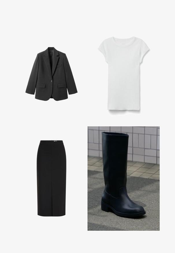 Sort blazer lavet af glat stof med en hakket revers, enkelt knaplukning og to forlommer. Enkel, skræddersyet design.; Hvid kortærmet ribbet T-shirt med rund hals, lagt fladt på hvid baggrund, viser forsiden og simpel afslappet stil.; Sort midi pencilnederdel med høj talje, frontslids og skjult lynlås på hvid baggrund.; Høj sort læderstøvle med lav chunky hæl, der står på fortov nær flisebeklædt væg baggrund.