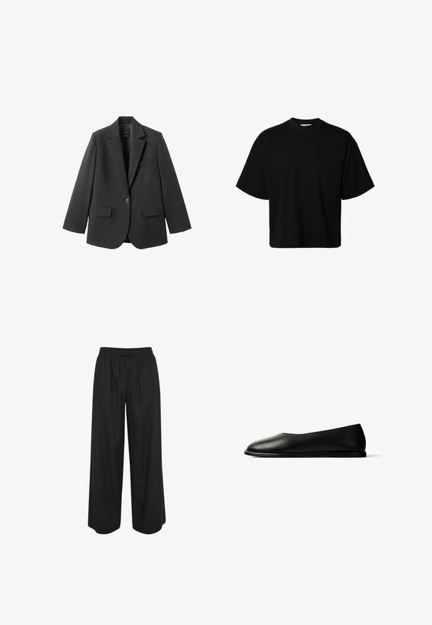 Sort blazer lavet af glat stof med en hakket revers, enkelt knaplukning og to forlommer. Enkel, skræddersyet design.; Sort oversized T-shirt med korte ærmer, rund halsudskæring og afslappet pasform, vist på hvid baggrund.; Sorte bukser med brede ben, elastisk talje og snøre, lavet af letvævet stof, vist mod en hvid baggrund.; Sort læderflatsko med rundet tå og tynd sål vist i profil mod hvid baggrund.