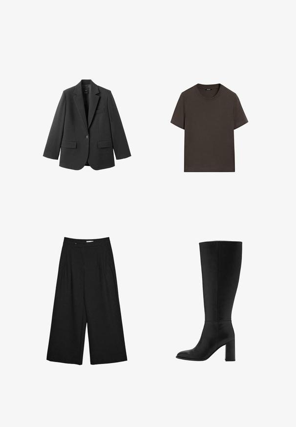 Sort blazer lavet af glat stof med en hakket revers, enkelt knaplukning og to forlommer. Enkel, skræddersyet design.; Mørkebrun kortærmet t-shirt lavet af bomuld. Har en rund halsudskæring og en afslappet pasform, uden synlige mønstre eller detaljer.; Sorte, vidde-benet, korte bukser med frontplisseringer, bæltestropper og knaplukning i taljen.; Sorte knælange støvler med hæl lavet af glat læder. Har en afrundet tå og chunky blokhæle, med minimal syning.