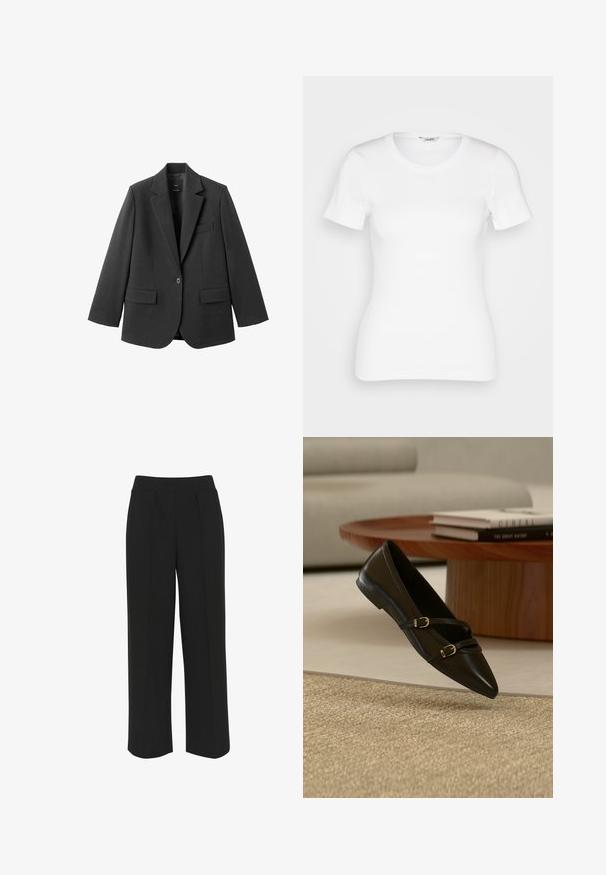 Sort blazer lavet af glat stof med en hakket revers, enkelt knaplukning og to forlommer. Enkel, skræddersyet design.; Hvid bomulds T-shirt med korte ærmer, rund halsudskæring og ribbet tekstur. Tætsiddende design med en glat, ren finish.; Sorte bukser med bredde ben og flad talje, med forreste folder og en glat tekstur. Ingen synlige lommer eller metaldele.; Sort flad sko med spids snude og to tynde remme med spænder, der svæver over et beige tæppe, med et bord i træ og bøger i baggrunden.