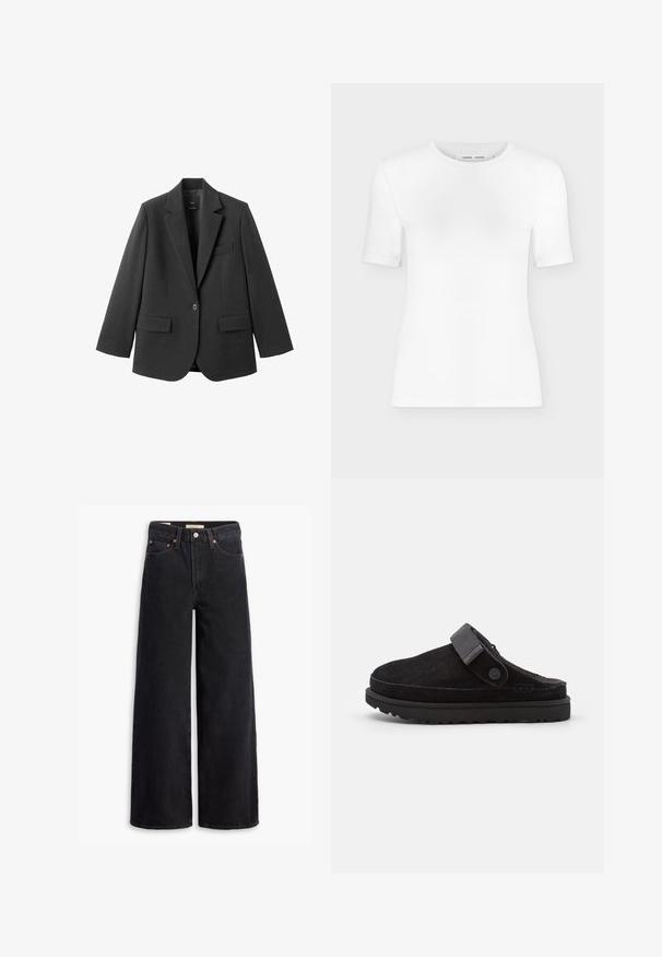 Sort blazer lavet af glat stof med en hakket revers, enkelt knaplukning og to forlommer. Enkel, skræddersyet design.; Hvid T-shirt med rund hals, korte ærmer, slank pasform og ribbet stofstruktur, vist på en ensfarvet lys grå baggrund.; Sorte brede benjeans lavet af denim, med fem lommer, kobbernitter og en klassisk knaplukning. Glat tekstur med et rent design.; Sorte ruskindssandaler med rund tå, blød tekstur, justerbar rem og en tyk gummisål med mønstret slidbane for godt greb.