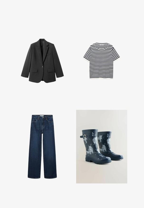 Schwarzer Blazer aus glattem Stoff mit Reverskragen, Ein-Knopf-Verschluss und zwei Vorderentaschen. Einfaches, maßgeschneidertes Design.; Gestreiftes T-Shirt aus Baumwolle mit marineblauen und weißen horizontalen Streifen, verfügt über einen runden Ausschnitt und kurze Ärmel. Glatte Textur.; Weite dunkelblaue Denim-Jeans mit hoher Taille, ausgestattet mit fünf Taschen und einer klassischen Knopfschließe. Glatte Textur und gerader Schnitt.; Marineblaue Gummiregenstiefel mit weißen Tierzeichnungen, einem Schnallenakzent, strukturierten Sohlen und einer glatten Oberfläche.