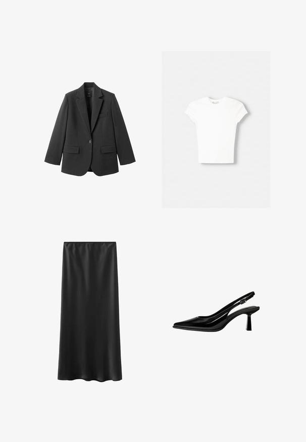 Blazer noir en tissu lisse, doté d'un revers cranté, d'une fermeture à un bouton et de deux poches avant. Design simple et ajusté.; T-shirt blanc à manches courtes en coton doux, avec un col rond et une coupe ajustée. Pas de motifs ni d'ornements visibles.; Jupe noire longue jusqu'au sol, fabriquée en matière lisse et légère, avec une taille élastique et un design simple. Aucun motif ou accent visible.; Escarpin slingback en cuir verni noir avec bout pointu, talon bloc de hauteur moyenne et bride réglable à boucle sur fond blanc.