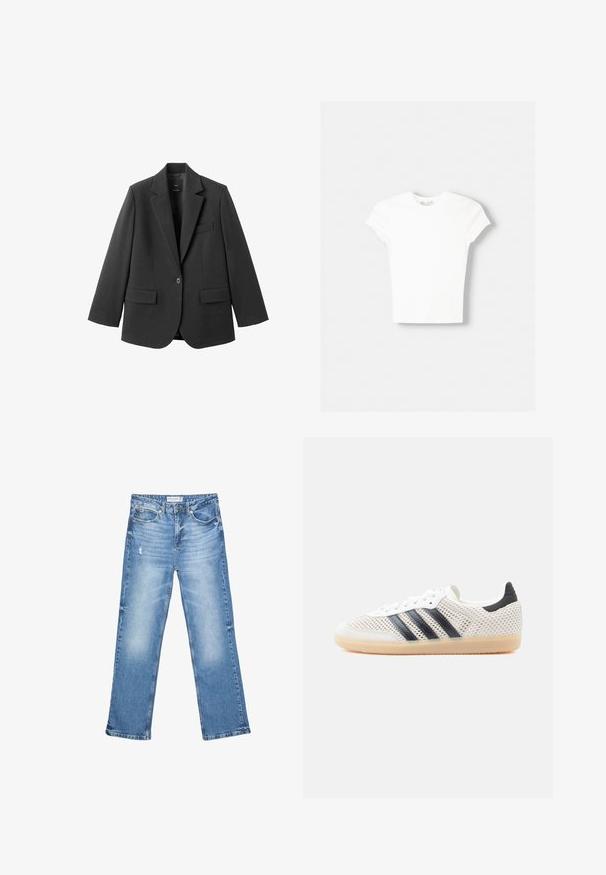 Schwarzer Blazer aus glattem Stoff mit Reverskragen, Ein-Knopf-Verschluss und zwei Vorderentaschen. Einfaches, maßgeschneidertes Design.; Weißes kurzärmliges T-Shirt aus weicher Baumwolle, mit Rundhalsausschnitt und figurbetonter Form. Keine sichtbaren Muster oder Verzierungen.; Hellblaue Jeans aus Denim, mit geradem Bein, ausgewaschenen Stellen und subtilen Abnutzungen. Verfügt über fünf Taschen und einen klassischen Knopfverschluss.; Weiße Mesh-Sneaker mit schwarzem Drei-Streifen-Design, abgerundeter Spitze und Gummisohle. Verfügen über einen weichen Fersenkragen und Schnürverschluss.