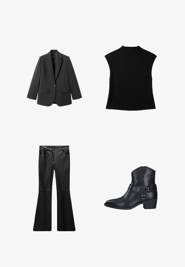 Schwarzer Blazer aus glattem Stoff mit Reverskragen, Ein-Knopf-Verschluss und zwei Vorderentaschen. Einfaches, maßgeschneidertes Design.; Schwarzes ärmelloses Stricktop mit hohem Rundhalsausschnitt und leicht ausgestelltem Saum.; Schwarze, taillierte Schlaghose aus Kunstleder mit glatter Textur, hohem Taillenbund, Fronttaschen und Reißverschluss. Mit Nahtdetails an den Beinen.; Schwarze Leder-Stiefelette mit spitzem Zehenbereich und niedrigem Blockabsatz, ausgestattet mit einem dekorativen Riemen mit metallischen Akzenten und Stickdetails.