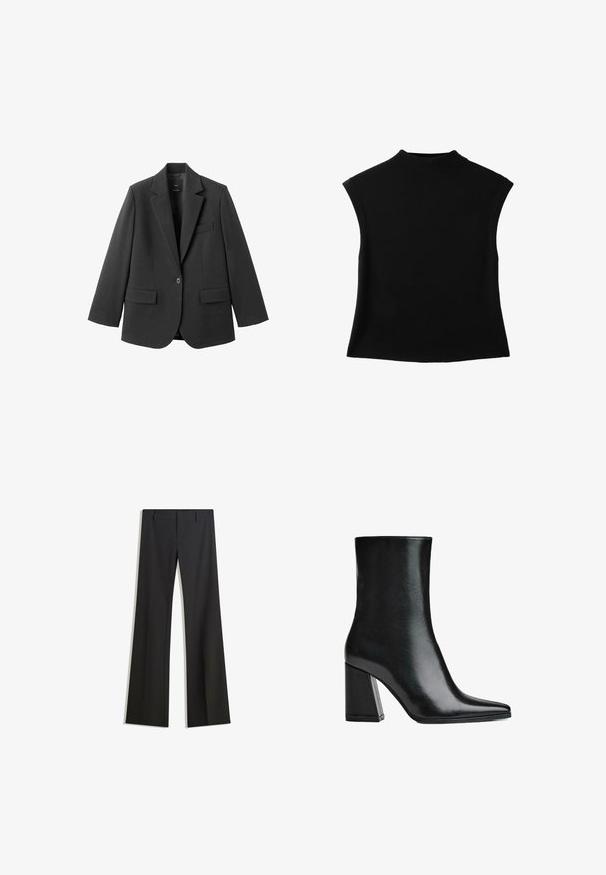 Blazer noir en tissu lisse, doté d'un revers cranté, d'une fermeture à un bouton et de deux poches avant. Design simple et ajusté.; Haut en maille noir sans manches avec un col rond haut et un ourlet légèrement évasé.; Pantalon noir évasé avec une texture lisse, doté d'une coupe ajustée et d'une taille cintrée. Aucun motif ou ornement visible.; Bottine en cuir noir avec un bout pointu et un talon bloc haut. Texture lisse avec une silhouette élégante et un design de base solide.