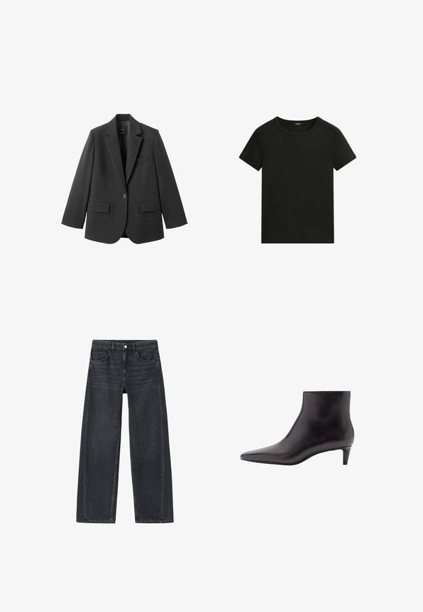 Sort blazer lavet af glat stof med en hakket revers, enkelt knaplukning og to forlommer. Enkel, skræddersyet design.; Enkel sort kortærmet t-shirt med rund hals og simpel, tætsiddende pasform mod en hvid baggrund.; Viddebukser i mørkegrå denim. Har forlommer og et klassisk fem-lomme design. Knaplukning og subtile falmede detaljer.; Sort læder ankelstøvle med spidse tæer, glat overflade og en kort, slank hæl. Minimalistisk design uden udsmykning.