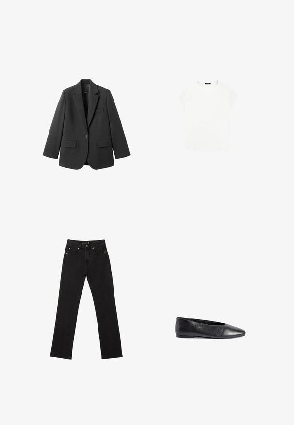 Sort blazer lavet af glat stof med en hakket revers, enkelt knaplukning og to forlommer. Enkel, skræddersyet design.; Hvid bomulds t-shirt med rund halsudskæring og korte ærmer. Enkel design, ingen mønstre eller accenter. Blød, glat tekstur.; Sorte denim jeans med lige ben, fem lommer og diskrete kobbernitter. Lavet af slidstærkt bomuldsstof.; Sort læderballetsko med spids tå, glat tekstur, minimalistisk design og en svag hæl for stabilitet.