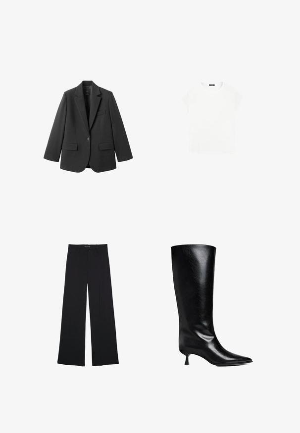 Schwarzer Blazer aus glattem Stoff mit Reverskragen, Ein-Knopf-Verschluss und zwei Vorderentaschen. Einfaches, maßgeschneidertes Design.; Weißes Baumwoll-T-Shirt mit rundem Ausschnitt und kurzen Ärmeln. Einfaches Design, ohne Muster oder Akzente. Weiche, glatte Textur.; Schwarze Hosen mit weitem Bein, Gürtelschlaufen, vorderer Knopfleiste und Reißverschluss, flach auf einem weißen Hintergrund liegend.; Schwarze Lederstiefel bis zum Knie mit spitzem Zehenbereich, schlanker Silhouette und niedrigem Blockabsatz mit glänzender Oberfläche.
