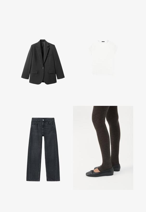 Sort blazer lavet af glat stof med en hakket revers, enkelt knaplukning og to forlommer. Enkel, skræddersyet design.; Hvid bomulds t-shirt med rund halsudskæring og korte ærmer. Enkel design, ingen mønstre eller accenter. Blød, glat tekstur.; Viddebukser i mørkegrå denim. Har forlommer og et klassisk fem-lomme design. Knaplukning og subtile falmede detaljer.; Ben iført mørke ribbede leggings kombineret med sorte balletsko med små sløjfedetaljer på hvid baggrund.