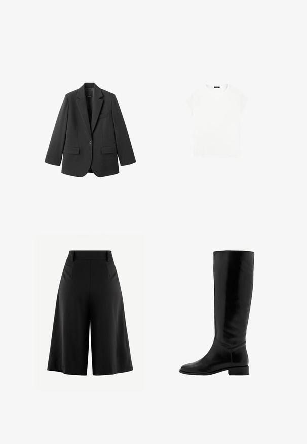Schwarzer Blazer aus glattem Stoff mit Reverskragen, Ein-Knopf-Verschluss und zwei Vorderentaschen. Einfaches, maßgeschneidertes Design.; Weißes Baumwoll-T-Shirt mit rundem Ausschnitt und kurzen Ärmeln. Einfaches Design, ohne Muster oder Akzente. Weiche, glatte Textur.; Schwarzweite Beinhosen mit gefaltetem Vorderteil, hoher Taille und glattem Stofftextur. Verfügt über ein sauberes, minimales Design ohne sichtbare Beschläge.; Schwarze Lederstiefel bis zum Knie mit glatter Textur, runder Zehenform, leichtem Absatz und minimalistischer Gestaltung. Verfügt über einen eng anliegenden Schaft und gestickte Akzente.