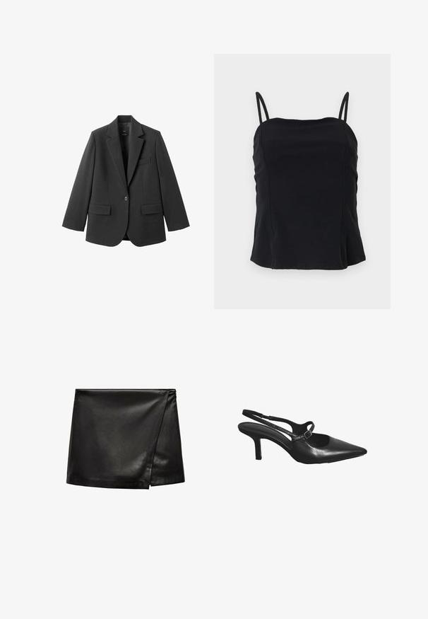 Sort blazer lavet af glat stof med en hakket revers, enkelt knaplukning og to forlommer. Enkel, skræddersyet design.; Sort ærmeløs top med tynde dobbelte skulderremme og firkantet halsudskæring, ensfarvet stof, vist mod en lys baggrund.; Sort læder mini nederdel med en omslagsdesign, der har en glat tekstur og minimalistisk stil. Ingen synlig hardware eller mønstre.; Sort læder slingback højhælet sko med spids tå og lille spænderem over toppen.