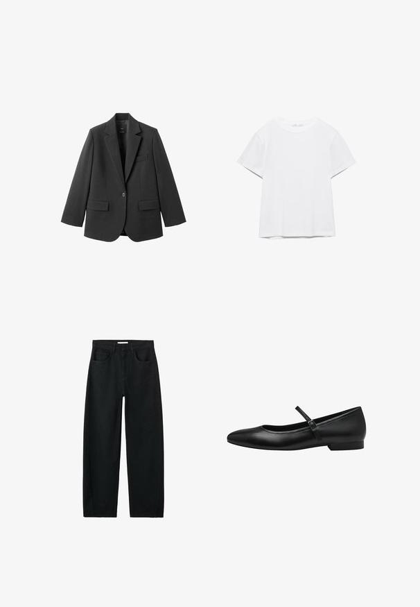 Blazer noir en tissu lisse, doté d'un revers cranté, d'une fermeture à un bouton et de deux poches avant. Design simple et ajusté.; T-shirt blanc uni à manches courtes et col rond, avec un ourlet droit, présenté sur un fond blanc.; Jean noir taille haute à jambes droites avec poches avant, passants pour ceinture et coutures visibles sur fond blanc.; Ballerines en cuir noir avec un bout rond, une sangle unique sur le coup de pied et un petit talon rectangulaire. Texture lisse.