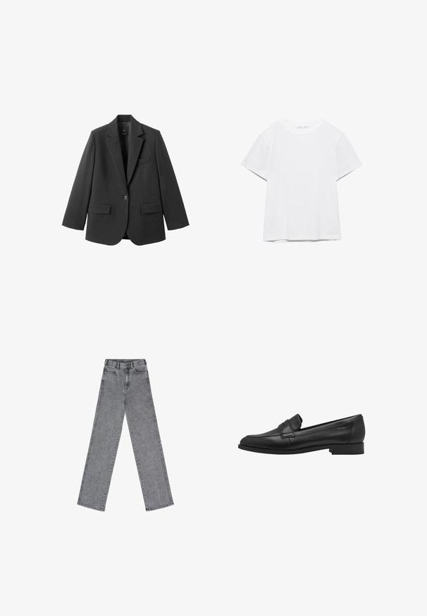 Sort blazer lavet af glat stof med en hakket revers, enkelt knaplukning og to forlommer. Enkel, skræddersyet design.; Hvid, kortærmet T-shirt med rund hals og lige kant, vist på en hvid baggrund.; Grå denimjeans med høj talje, brede ben og fem-lomme design. Stoffet har en glat tekstur og minimalistisk syning.; Sort læder loafersko med en glat tekstur, rund tå og en lille hævet stroppedesign. Har en lav, solid hæl.