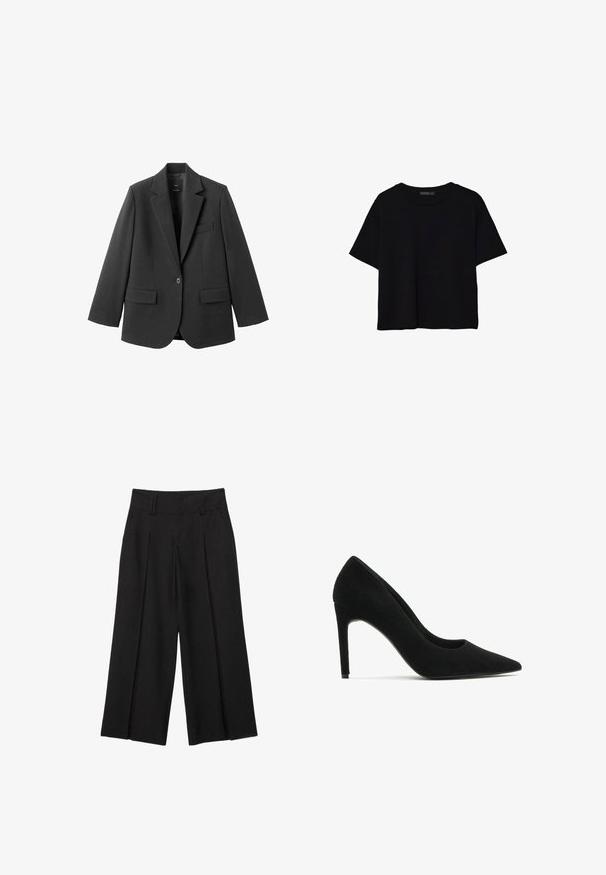 Blazer noir en tissu lisse, doté d'un revers cranté, d'une fermeture à un bouton et de deux poches avant. Design simple et ajusté.; T-shirt noir à manches courtes coupé, avec encolure ronde et design simple, étalé à plat sur fond blanc.; Pantalon noir large et raccourci avec passants de ceinture et plis à l'avant, confectionné dans un tissu lisse pour un look élégant et ajusté.; Pompe à talon haut en suede noir avec un bout pointu, texture lisse et silhouettes épurée ; dotée d'un talon aiguille et d'un design minimaliste.