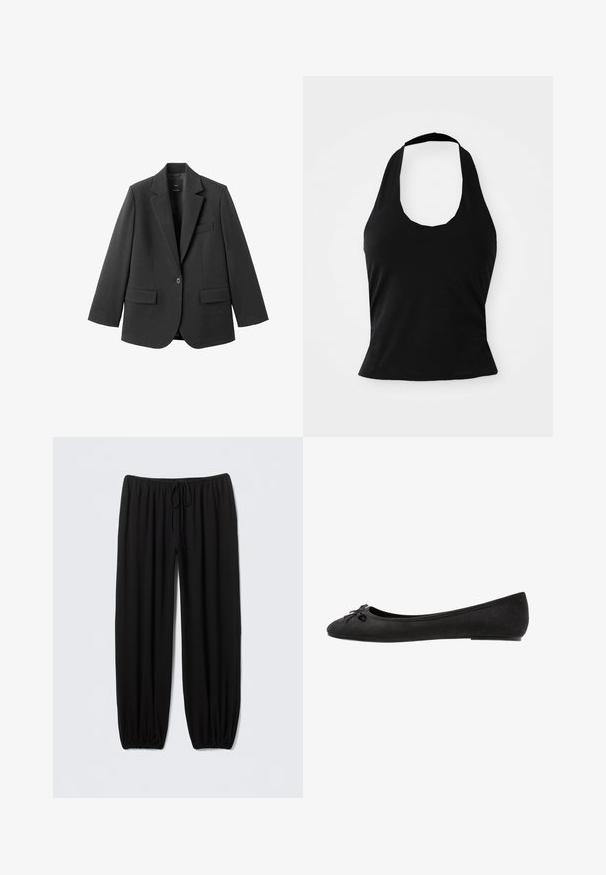 Sort blazer lavet af glat stof med en hakket revers, enkelt knaplukning og to forlommer. Enkel, skræddersyet design.; Sort halterneck top lavet af blød stof, med en scoop halsudskæring og en tætsiddende silhuet, med en glat tekstur og uden synlige mønstre.; Sorte, løstsiddende bukser lavet af blødt stof; har en elastisk talje med justerbar snøre, tilspidsede ankler og ingen mønstre.; Sorte ruskind ballet flats med rund tå, prydet med en dekorativ sløjfe på forsiden og flad sål. Glat tekstur og klassisk form.