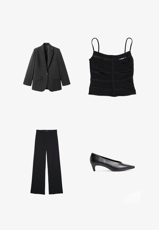 Sort blazer lavet af glat stof med en hakket revers, enkelt knaplukning og to forlommer. Enkel, skræddersyet design.; Sort tætsiddende crop top med tynde skulderstropper og vandrette sømdetaljer på stoffet.; Sorte bukser med vide ben, bæltestropper, knaplukning foran og lynlås, lagt fladt på en hvid baggrund.; Sorte læder lavhælede pumps med spids tå-design. Glat tekstur og slank silhuet, med en bøjet hæl for stabilitet.