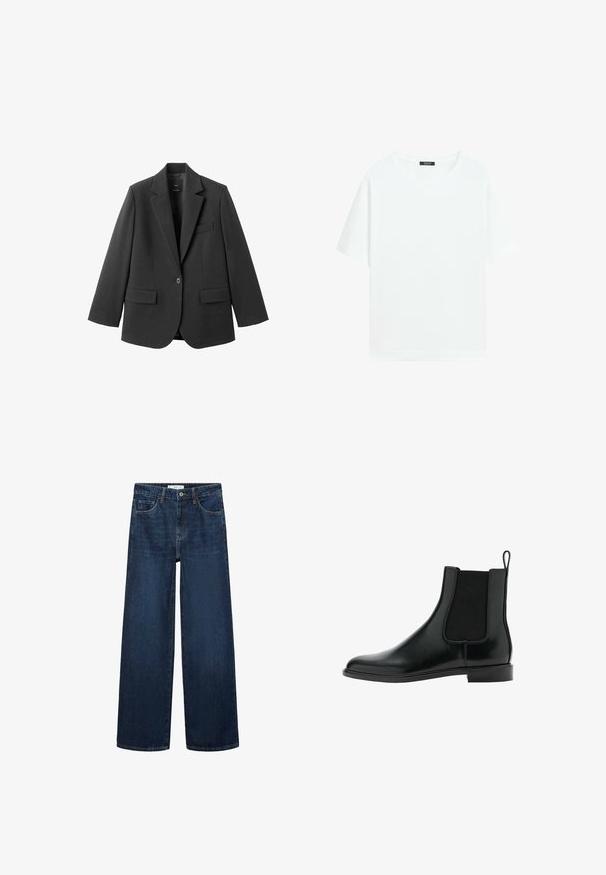 Schwarzer Blazer aus glattem Stoff mit Reverskragen, Ein-Knopf-Verschluss und zwei Vorderentaschen. Einfaches, maßgeschneidertes Design.; Schlichtes weißes Kurzarm-T-Shirt mit Rundhalsausschnitt und kleinem schwarzem Etikett innen am Kragen.; Weite dunkelblaue Denim-Jeans mit hoher Taille, ausgestattet mit fünf Taschen und einer klassischen Knopfschließe. Glatte Textur und gerader Schnitt.; Schwarze Leder Chelsea-Stiefelette mit elastischem Seitenpanel, runder Spitze, flachem Absatz und Zugschlaufe hinten. Glatte Textur und minimalistisches Design.